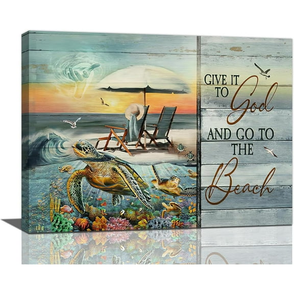 Sea Turtle Wall Art Beach Coast Scenery Pictures Wall Decor Give It to God and Go To the Beach Canvas Painting Prints Artwork Modern Home Decoration Framed for Living room Bedroom Bathroom Office
