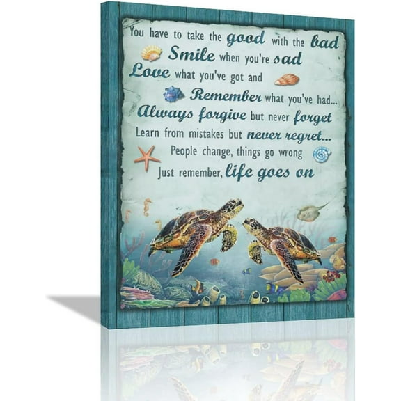 Sea Turtle Wall Art Blue Beach Ocean Bathroom Pictures Wall Decor Sea Turtle Shell Starfish Canvas Painting Rusitc Marine Framed Artwork for Bathroom Living Room Bedroom 12"x16"