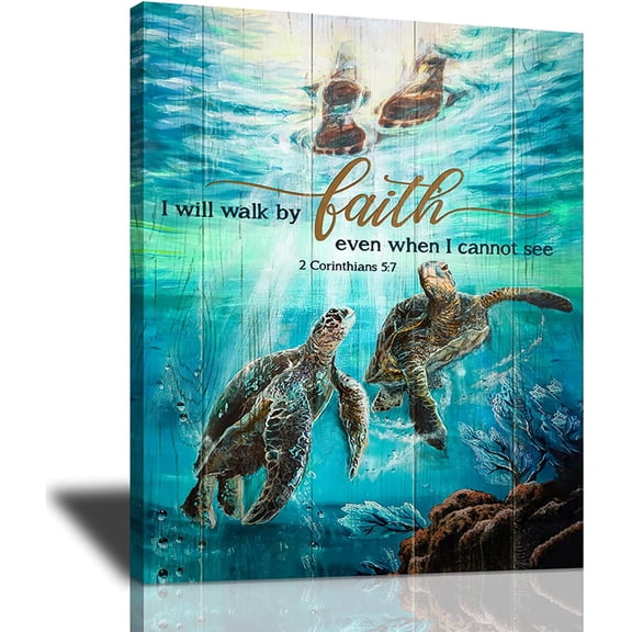 Sea Turtle Wall Art Jesus Walking on The Beach Canvas Motivational I will Walk by Faith even When I Can not See Canvas Print Scripture Bible Verse Painting Home Wall Decor Framed 12"x16"