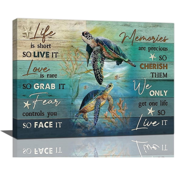 Sea Turtle Wall Art Ocean Sea Turtle Pictures Wall Decor Nautical Turtle Coral Canvas Prints Inspirational Quotes Painting Modern Artwork Home Decor for Bathroom Bedroom Living Room 16"x12"