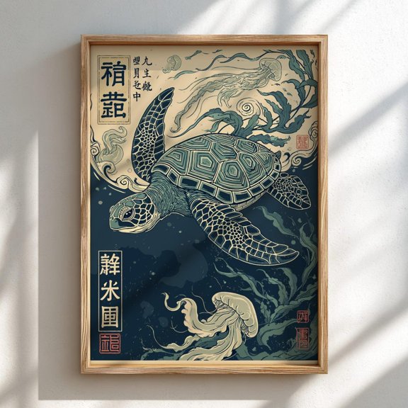 Sea Turtle Wall Art Print, Japanese Style Ocean Home Decor