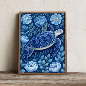 Sea Turtle Wall Art Print, Mexican Blue Talavera Pattern Decor