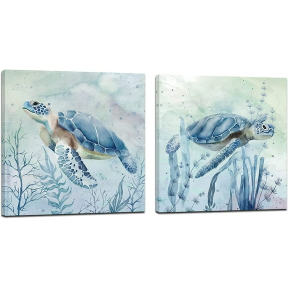 Sea Turtle Wall-Art for Bathroom Decor - 2 Panel Set of 12 x 12 Inch Teal Sea Turtle with Seagrass Prints