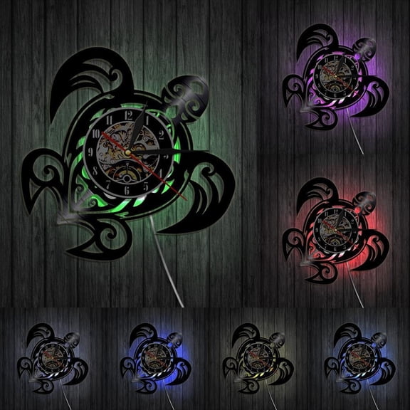 Sea Turtle Wall Clock Mechanical Steampunk Turtle Vinyl Record Wall Clock Sea Animal Decorative Clock Vintage Animal Decor Gift With LED