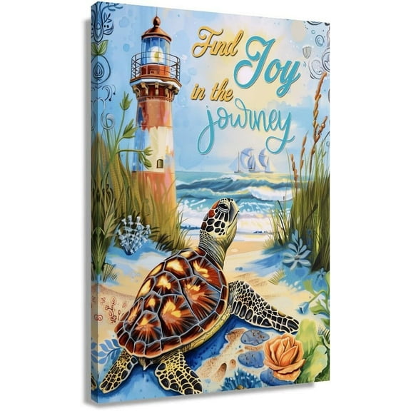 Sea Turtle Wall Decor Artwork Find Joy In The Journey Wall Art Quotes Poster Seaside Lighthouse Picture Decorations