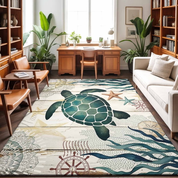 Sea Turtle Washable Area Rug 9 x 12 ft Summer Green Seaweed Starfish Mandalas Retro Wood Grain, Soft Non Slip Rugs Stain Repellent Indoor Felt Carpet for Living Dining Room Bedroom Home Office