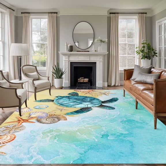 Sea Turtle Washable Living Room Rugs 6'x9', Summer Turquoise Ocean Low Pile Throw Large Area Rug Non-Slip Sturdy Edge Binding Carpet for Dining Room Kitchen Office