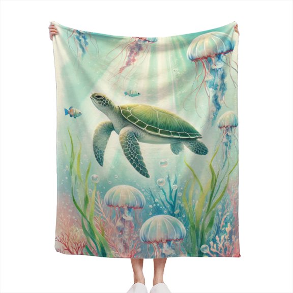 Sea Turtle Under Water Ocean Jellyfish Tropical Beach Sea Animals Lover Gift Lightweight Cozy Soft Flannel Throw Blanket 50x60 inches for Couch, Bed, Living Room, and Travel