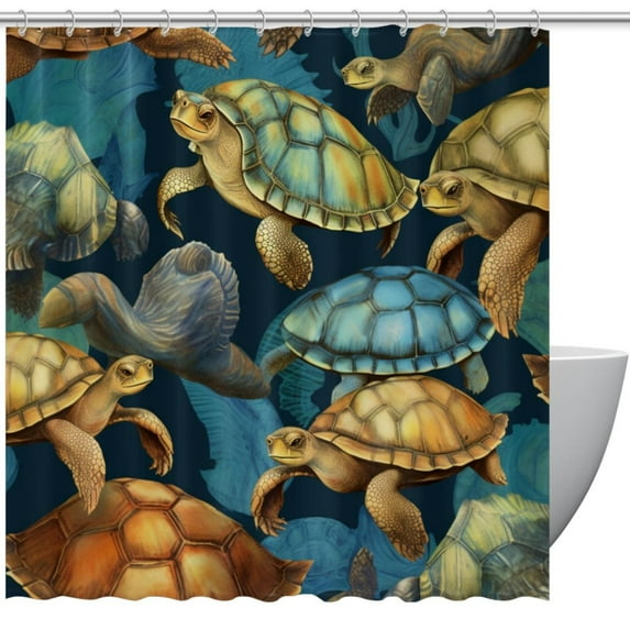 Sea Turtle Waterproof Printed Shower Curtain Set with Hooks - Decorative Bathroom Decoration