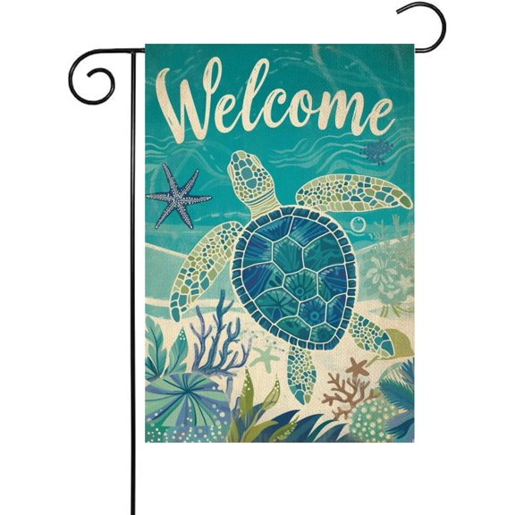 Sea Turtle Welcome Summer Garden Flag Vertical Double Sided 12x18 Inch Outdoor Beach Lawn Decor