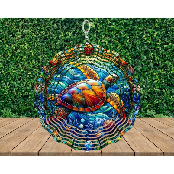 Sea Turtle Wind Spinner Faux Stained Glass Ocean Art Aluminum 3D