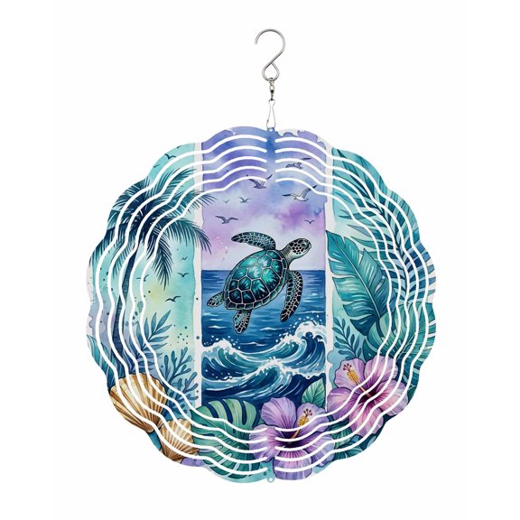 Sea Turtle Wind Spinner for Garden Yard 12In, Nautical Tropical Ocean Beach Green Tree Leaf Flower Shell 3D Stainless Steel Kinetic Hanging Wind Spinners Rustproof Outdoor Decor for Lawn Patio Home