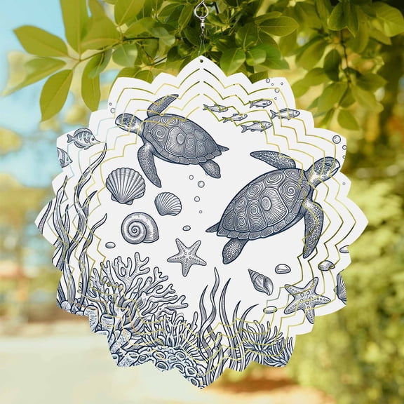 Sea Turtle Wind Spinner for Garden Yard 8In, Vintage Nautical Ocean Fish Coral Seashell Starfish Conch 3D Stainless Steel Kinetic Hanging Wind Spinners Rustproof Outdoor Decor for Lawn Patio Home