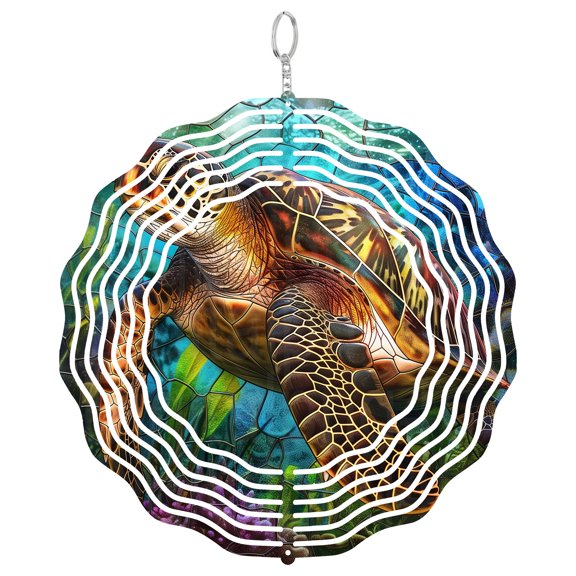 Sea Turtle Wind Spinner Metal Outdoor Decor Stained Glass Style Multicolor