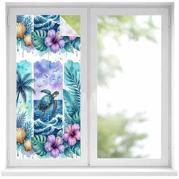 Sea Turtle Window Privacy Film, Nautical Tropical Ocean Beach Green Tree Leaf Flower Shell Frosted Glass Window Clings Static Cling UV Heat Blocking Reusable Door Sticker for Bathroom 19.6x39.3 Inch