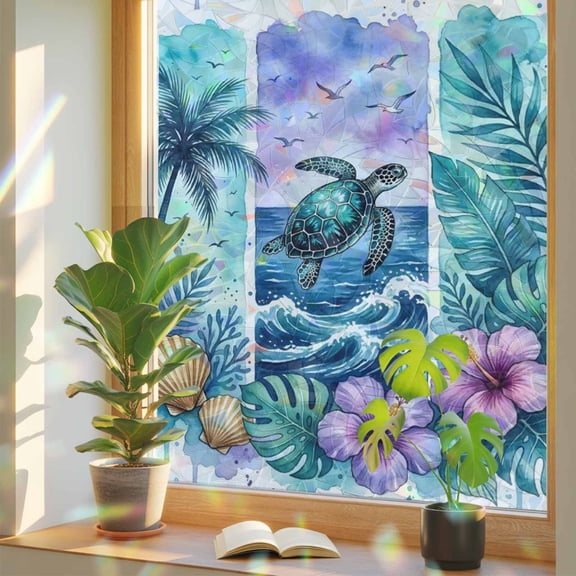 Sea Turtle Window Privacy Film, Nautical Tropical Ocean Beach Green Tree Leaf Flower Shell Stained Glass Rainbow Film Decorative Window Clings, Static Cling Sun Blocking Stickers 17.7" x 39.3"