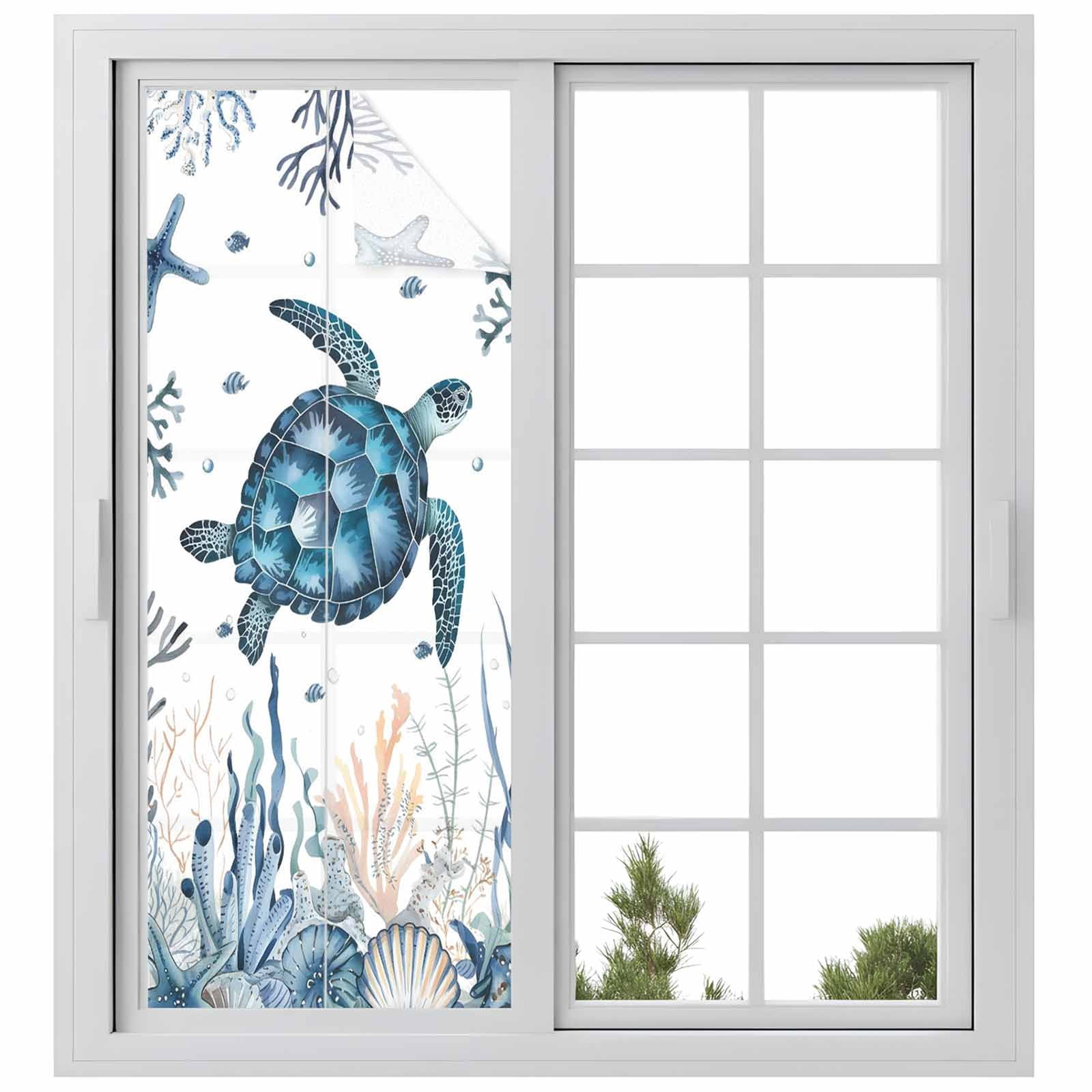 Sea Turtle Window Privacy Film, Ocean Coral Starfish Seagrass Frosted Glass Window Clings Static Cling UV Heat Blocking Reusable Door Sticker for Bathroom 23.6 x 59 Inch
