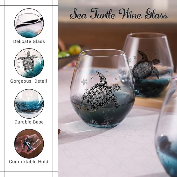 Sea Turtle Wine Glasses Set 4 - 13.3oz Crackle Teal Design, Hand blown Tortoise Wine Tumbler,Sea Turtle Gifts for Women, Birthday/Housewarming/Christmas Gifts for Seaturtle Lovers(4Count, Black)