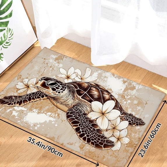 Sea Turtle With White Flowers Soft Small Velvet Area Rugs Non Slip Indoor Floor Carpet for Living Room Bedroom Decor