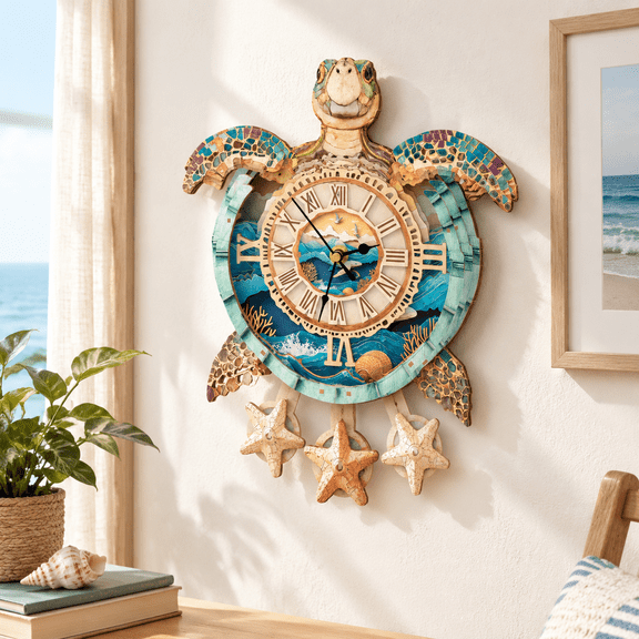 Sea Turtle Wooden 3D Puzzle Clock Kit with Pendulum, Home Wall Decor Gift