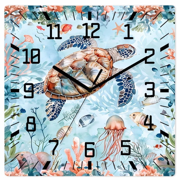 Sea Turtle Wooden Wall Clock Silent Non Ticking, Summer Beach Coastal Nautical Coral Blue Red Square Wall Clocks Battery Operated, Decor Clock for Home Office, Living Room, Kitchen, 10 Inch
