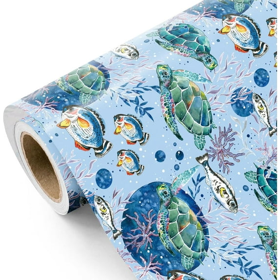 Sea Turtle Wrapping Paper Roll - Mini Roll - 17 Inch x 16.5 Feet - Turtles, Coral and Fish Wrapping Paper Perfect for Boys Girls Kids Birthday, Baby Shower