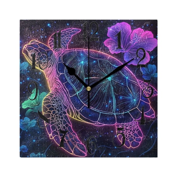 Sea Turtle and Flowers Glowing Wall Clock Decorative Square Silent Non-Ticking Operated Clocks Aesthetic for Bedroom Living Room