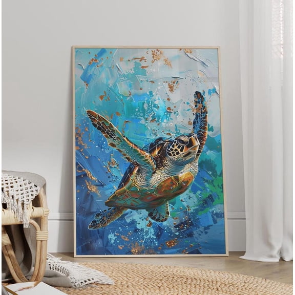 Sea Turtle in Blue Water Painting - Ocean Animal Portrait Poster 8x12 UNFRAMDE