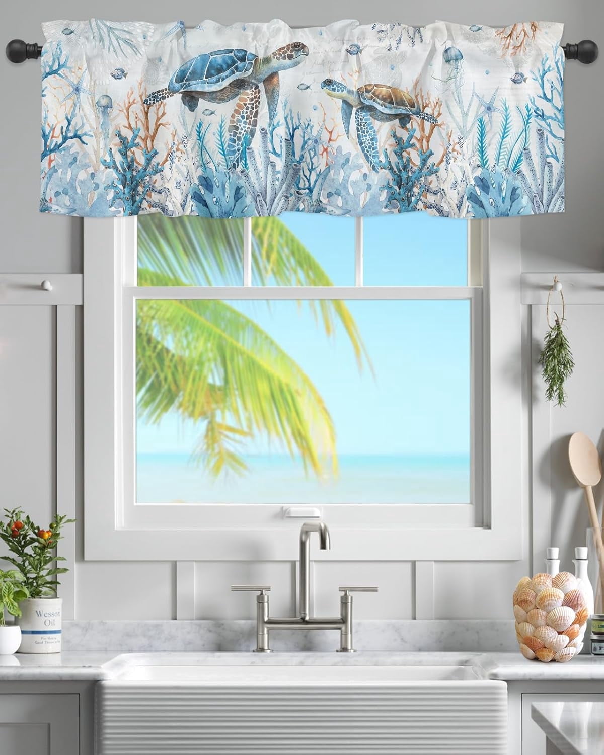 Sea Turtle kitchen Valance Curtain,Ocean Coral Rod Pocket Curtain ...