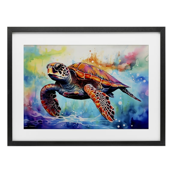 Stupell Industries Sea Turtle over Watercolor Splash Black Framed Print Under Glass, design by LSR Design Studio, 14 x 20