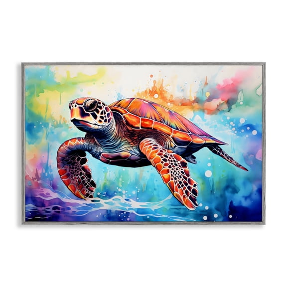 Stupell Industries Sea Turtle over Watercolor Splash Gray Framed Giclee Art, design by LSR Design Studio, 12 x 18