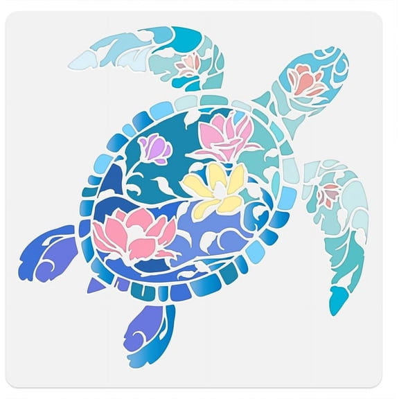 Sea Turtle with Magnolias Craft Stencil Template 11.8 x 11.8 Inch Reusable Turtle Stencil for DIY Making