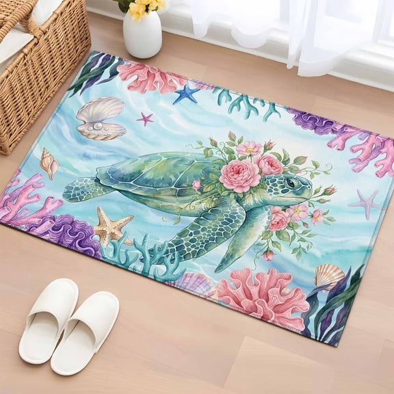 Sea Turtles 2'x3' Rug for Entryway Front Door Kitchen Sink Area, Pink Flower Shell Starfish Coral Ocean Watercolor Low Pile Washable Non Slip Rectangle Area Rug