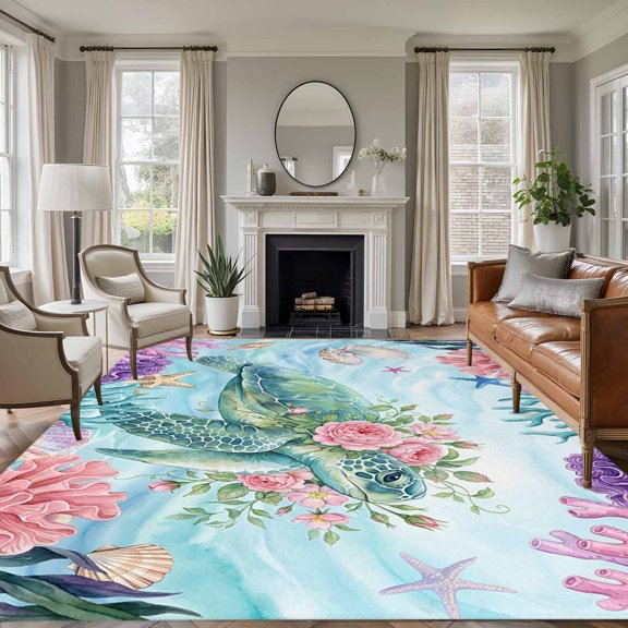Sea Turtles 8'x10' Large Area Rug for Living Room Sectional Sofa, Pink Flower Shell Starfish Coral Ocean Watercolor Washable Non Slip Low Pile Rectangle Area Rug