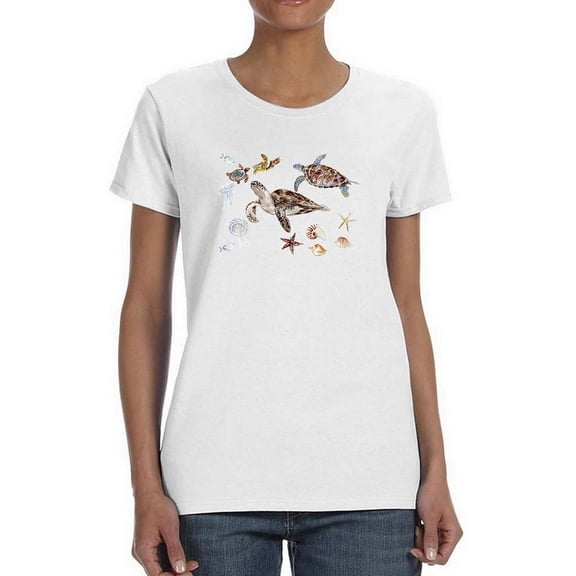 Sea Turtles And Moluscs Art Shaped T-Shirt Women -Image by Shutterstock, Female XX-Large