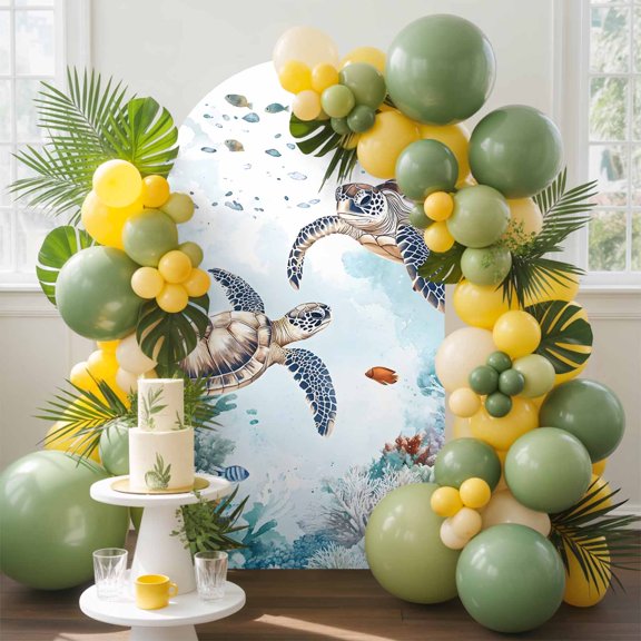 Sea Turtles Arch Backdrop Cover, 7.2FT, Nautical Underwater Brown Teal Ocean Marine Life Spandex Arch Covers Double-Sided Backdrop for Wedding Birthday Party Photo Background Decoration