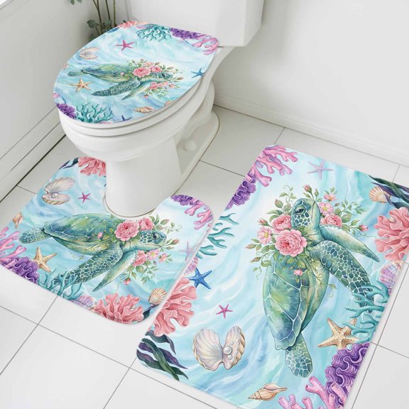 Sea Turtles Bathroom Rugs Set Pink Flower Shell Starfish Coral Ocean Watercolor Non Slip Absorbent Soft Bath Mats 3 Piece Set with Bathroom Rug, U-Shaped Floor Mat, Toilet Seat Cover Small Size