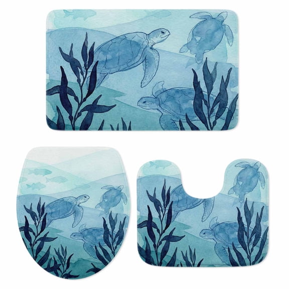 Sea Turtles Bathroom Rugs Set Watercolor Gradient Blue Green Turtle Fish Seaweed Non Slip Absorbent Soft Bath Mats 3 Piece Set with Bathroom Rug, U-Shaped Floor Mat, Toilet Seat Cover Small Size