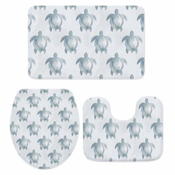 Sea Turtles Bathroom Rugs Set Watercolor Gradient Grey Blue Turtles Blue Non Slip Absorbent Soft Bath Mats 3 Piece Set with Bathroom Rug, U-Shaped Floor Mat, Toilet Seat Cover Large Size