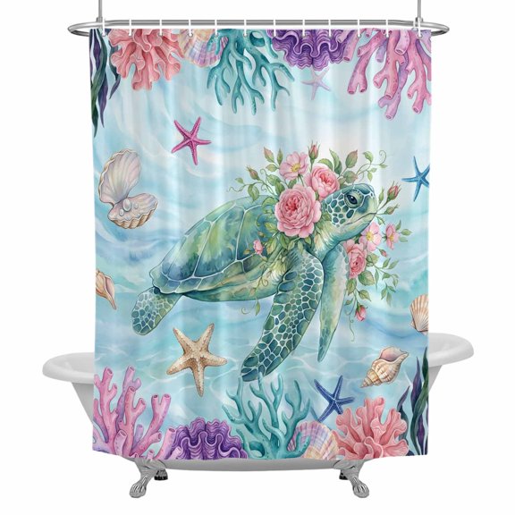 Sea Turtles Bathroom Shower Curtain, Pink Flower Shell Starfish Coral Ocean Watercolor Waterproof Washable Soft Bath Curtain for Bathtub Decor with 12 Hooks&Grommet, 36x72 Inch