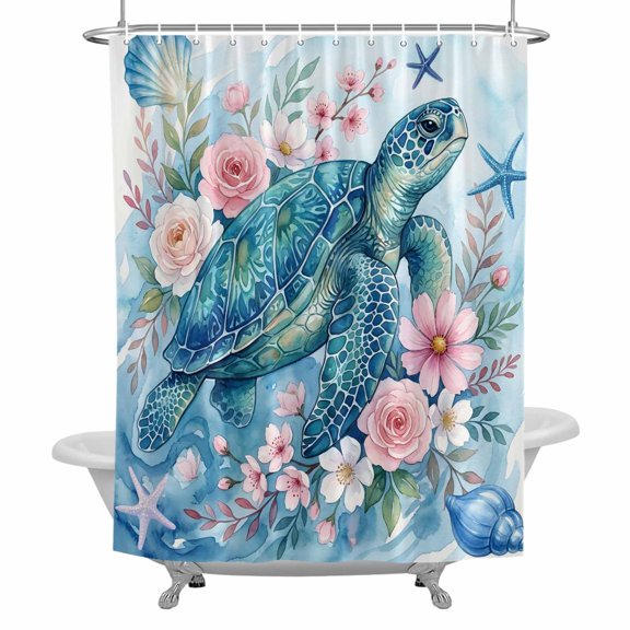 Sea Turtles Bathroom Shower Curtain, Pink Flower Shell Starfish Ocean Life Watercolor Waterproof Washable Soft Bath Curtain for Bathtub Decor with 12 Hooks&Grommet, 36x72 Inch