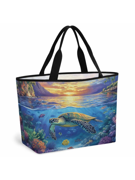 Sea Turtles Beach Bag for Women, Large Breathable Mesh Beach Tote Bag, Coastal Coral Tropical Fish Sunset Scenery Sandproof Lightweight Travel Bags for Vacation Picnic Swimming Pool 15.7"x15.7"x9.1"