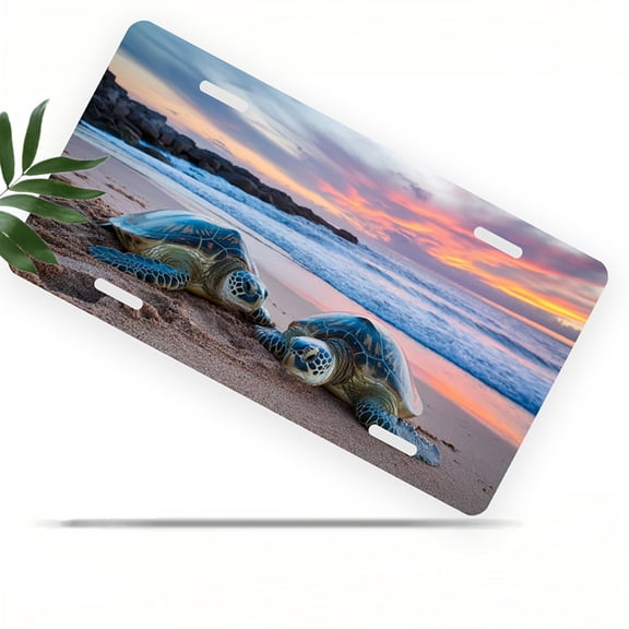 Sea Turtles on Beach at Sunset Funny Personalized License Plate Rust-proof Stainless Steel Metal License Plate Suitable For Men And Women 12.2" x 6.2"