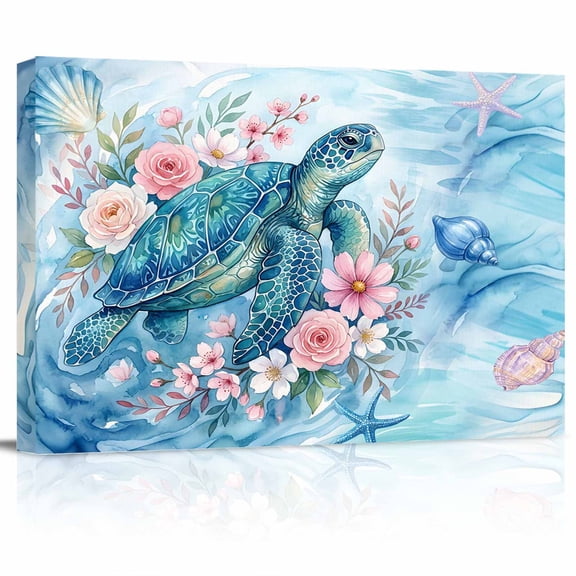 Sea Turtles Canvas Print Wall Art Pink Flower Shell Starfish Ocean Life Watercolor Pictures Painting Morden Artwork for Living Room Bedroom, Ready to Hang - 12"x16"