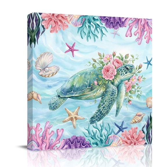 Sea Turtles Canvas Wall Art for Living Room, Pink Flower Shell Starfish Coral Ocean Watercolor Poster Print Painting for Bedroom Office Home Decoration Wall Pictures Prepare To Hang 8"x8"