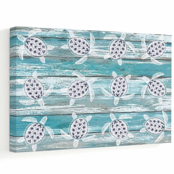 Sea Turtles Canvas Wall Art, Summer Coastal Ocean Animals Teal Blue Wood Grains Wall Art Prints Artwork Framed Canvas Ready to Hang Art Pictures for Bathroom, Dressing Table, Entryway 12" x 8"