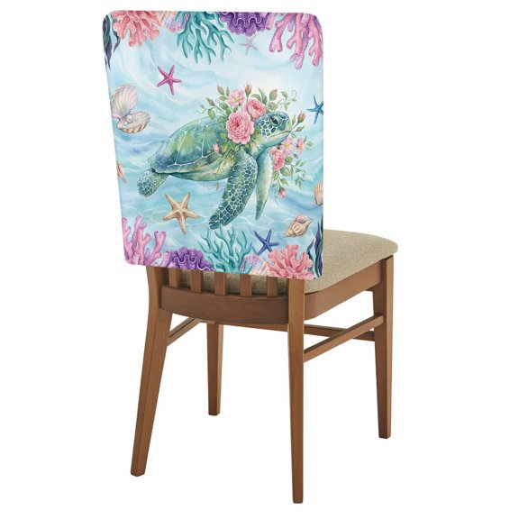 Sea Turtles Chair Covers Set of 1 Pink Flower Shell Starfish Coral Ocean Watercolor Chair Back Covers Stretch Removable Washable Slipcovers Protector for Dining Room Kitchen Party Decor
