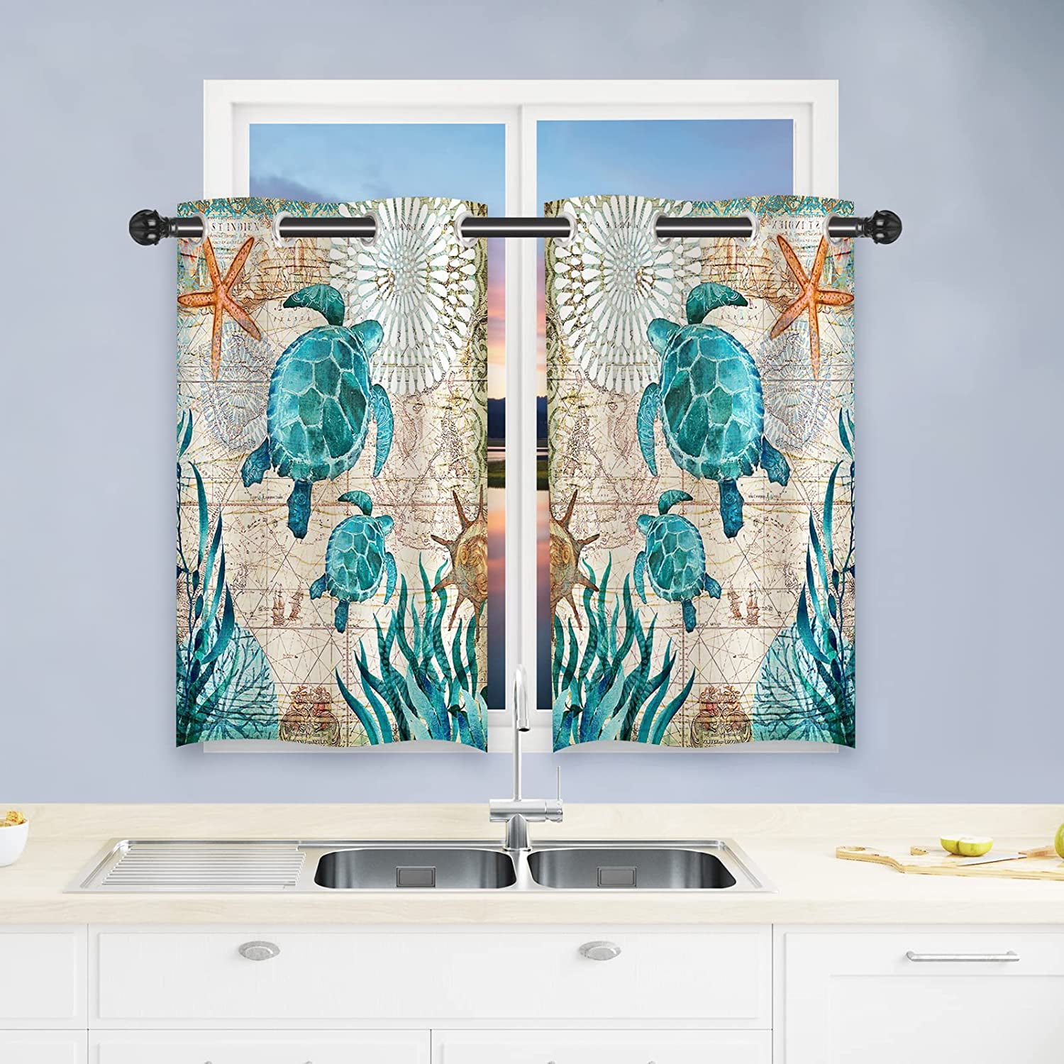Sea Turtles Curtains Teal Turtles Coral Reef with Nautical Map and