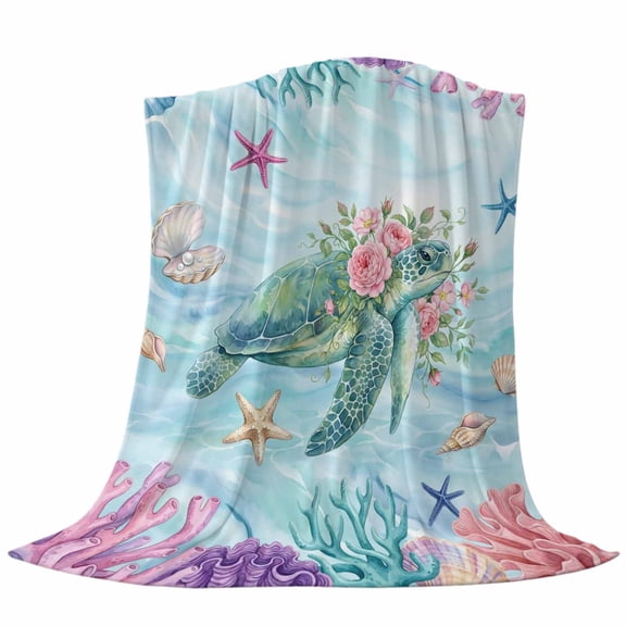 Sea Turtles Fleece Throw Blanket Pink Flower Shell Starfish Coral Ocean Watercolor Ultra Soft Fuzzy Cozy Flannel Throw Blanket for Couch Sofa Bed Car Travel, Ideal Gifts 40x50 Inches