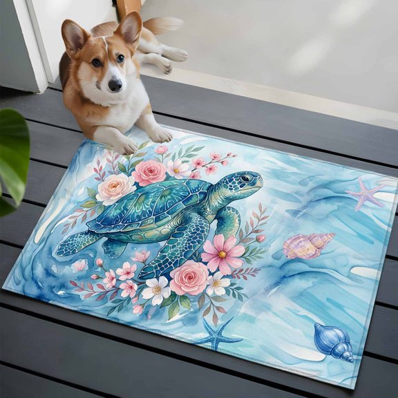 Sea Turtles Front Door Rugs 2x3 ft Pink Flower Shell Starfish Ocean Life Watercolor Small Rug for Entryway Non Slip Washable Bathroom Door Mat Absorbent Floor Mat for Indoor Entrance